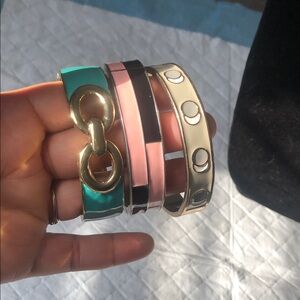 Set of Four Enamel & Gold Tone Bangle Bracelets - Teal, Pink, Black, Cream